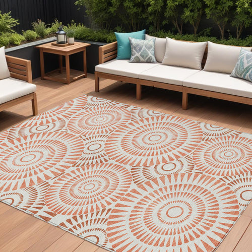 10' X 14' Coral And Ivory Geometric Washable Indoor Outdoor Area Rug