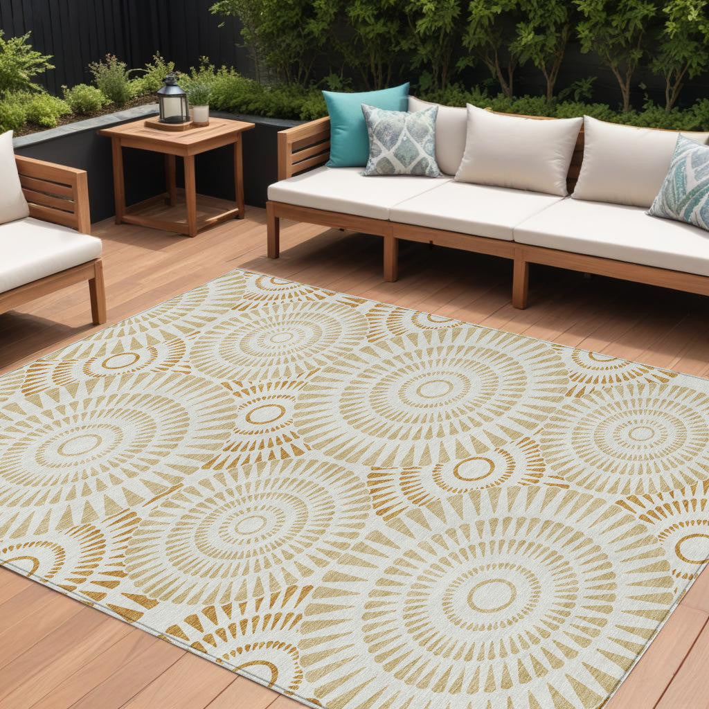 9' X 12' Gold Brown And Ivory Geometric Washable Indoor Outdoor Area Rug