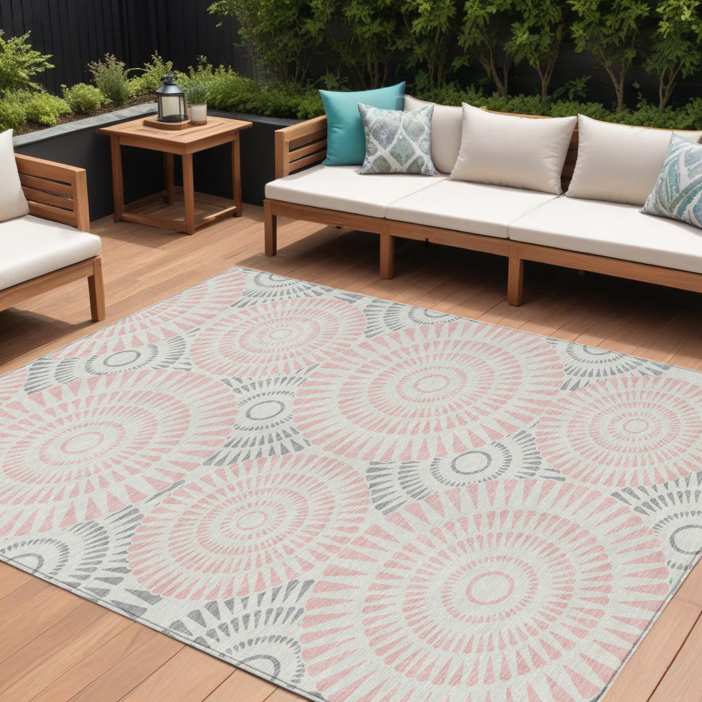 9' X 12' Pink Gray And Ivory Geometric Washable Indoor Outdoor Area Rug