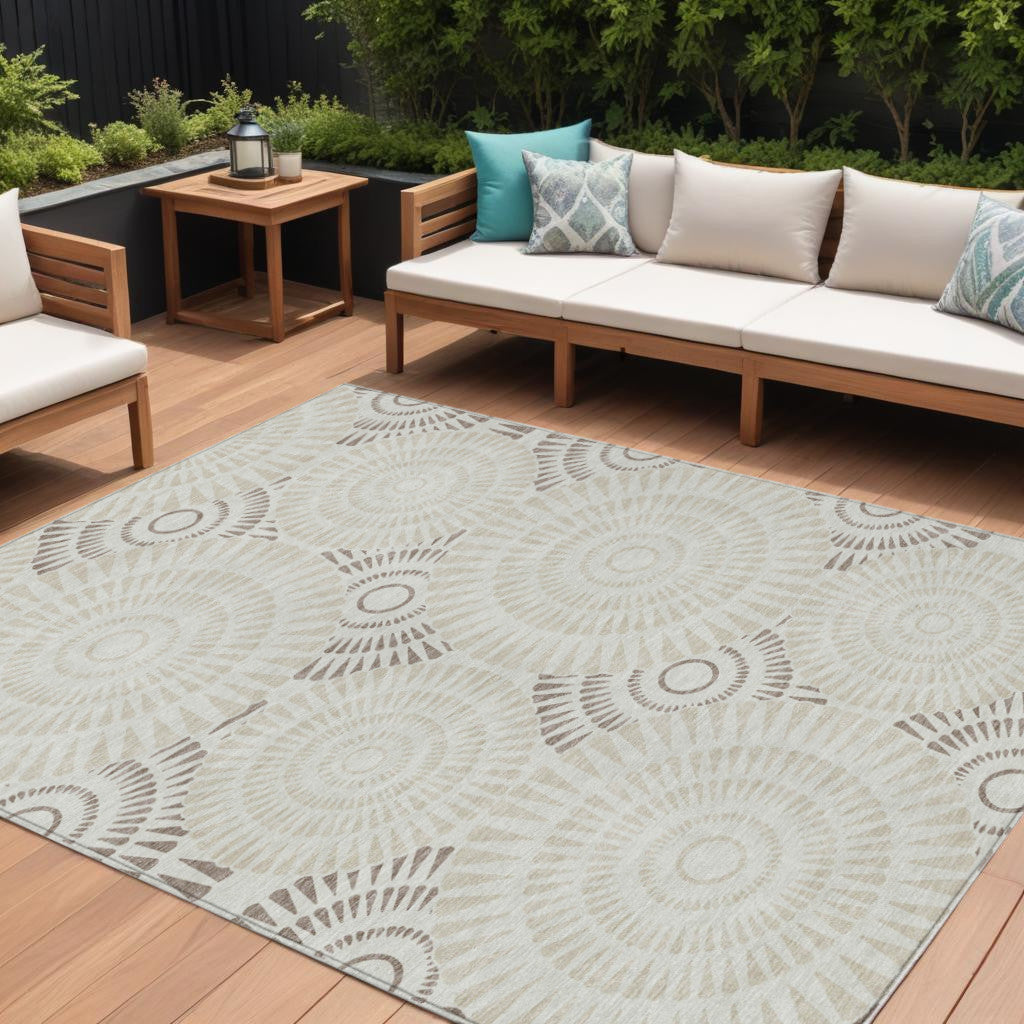 9' X 12' Taupe And Brown Geometric Washable Indoor Outdoor Area Rug