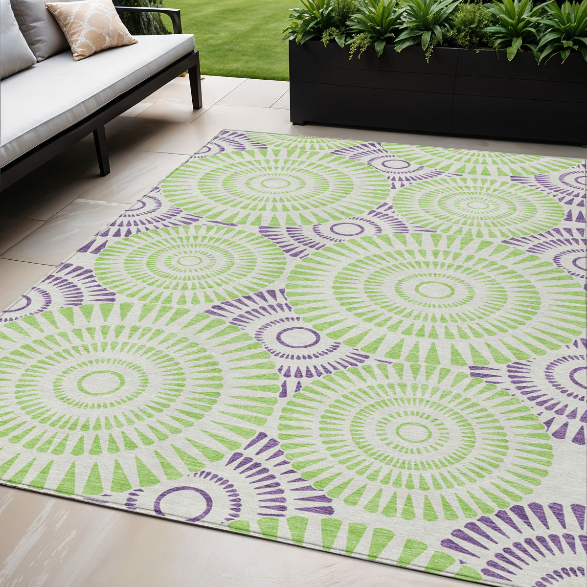 5' X 8' Green And Purple Geometric Washable Indoor Outdoor Area Rug