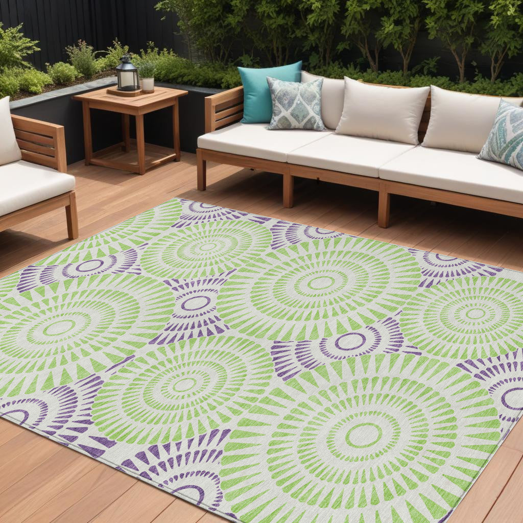 9' X 12' Green And Purple Geometric Washable Indoor Outdoor Area Rug