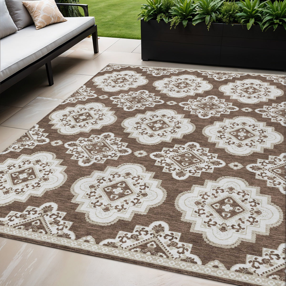 5' X 8' Brown And Ivory Medallion Washable Indoor Outdoor Area Rug