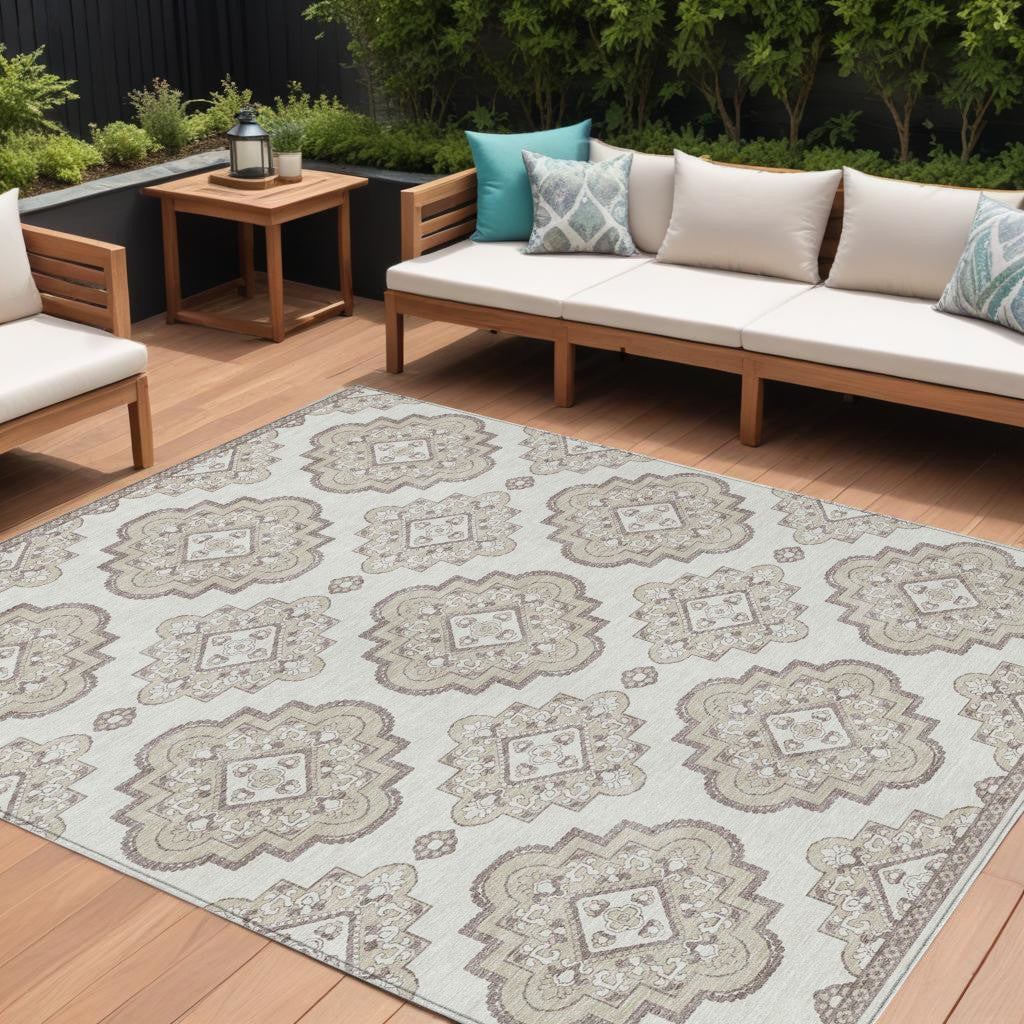 9' X 12' Ivory And Brown Medallion Washable Indoor Outdoor Area Rug