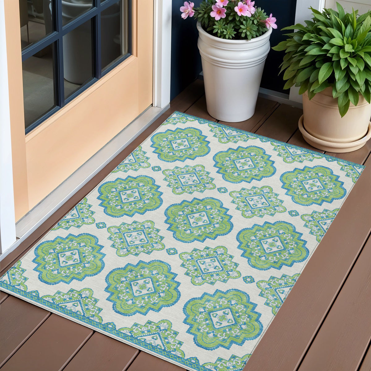 3' X 5' Lime Green And Ivory Medallion Washable Indoor Outdoor Area Rug