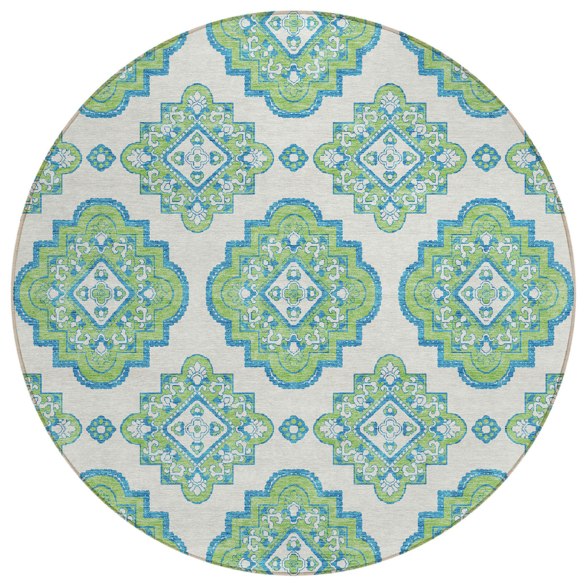 8' Lime Green And Ivory Round Medallion Washable Indoor Outdoor Area Rug