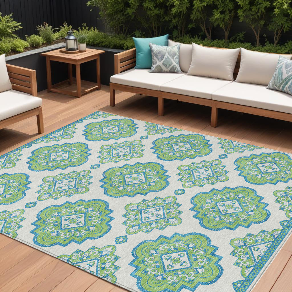 9' X 12' Lime Green And Ivory Medallion Washable Indoor Outdoor Area Rug