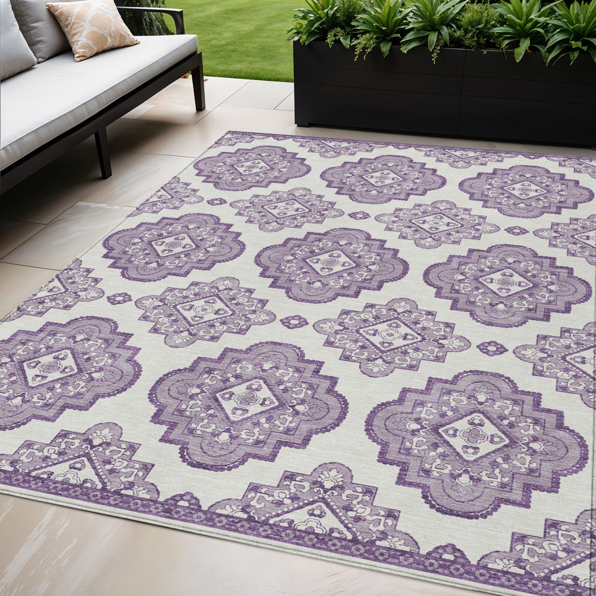 5' X 8' Lavender And Ivory Medallion Washable Indoor Outdoor Area Rug
