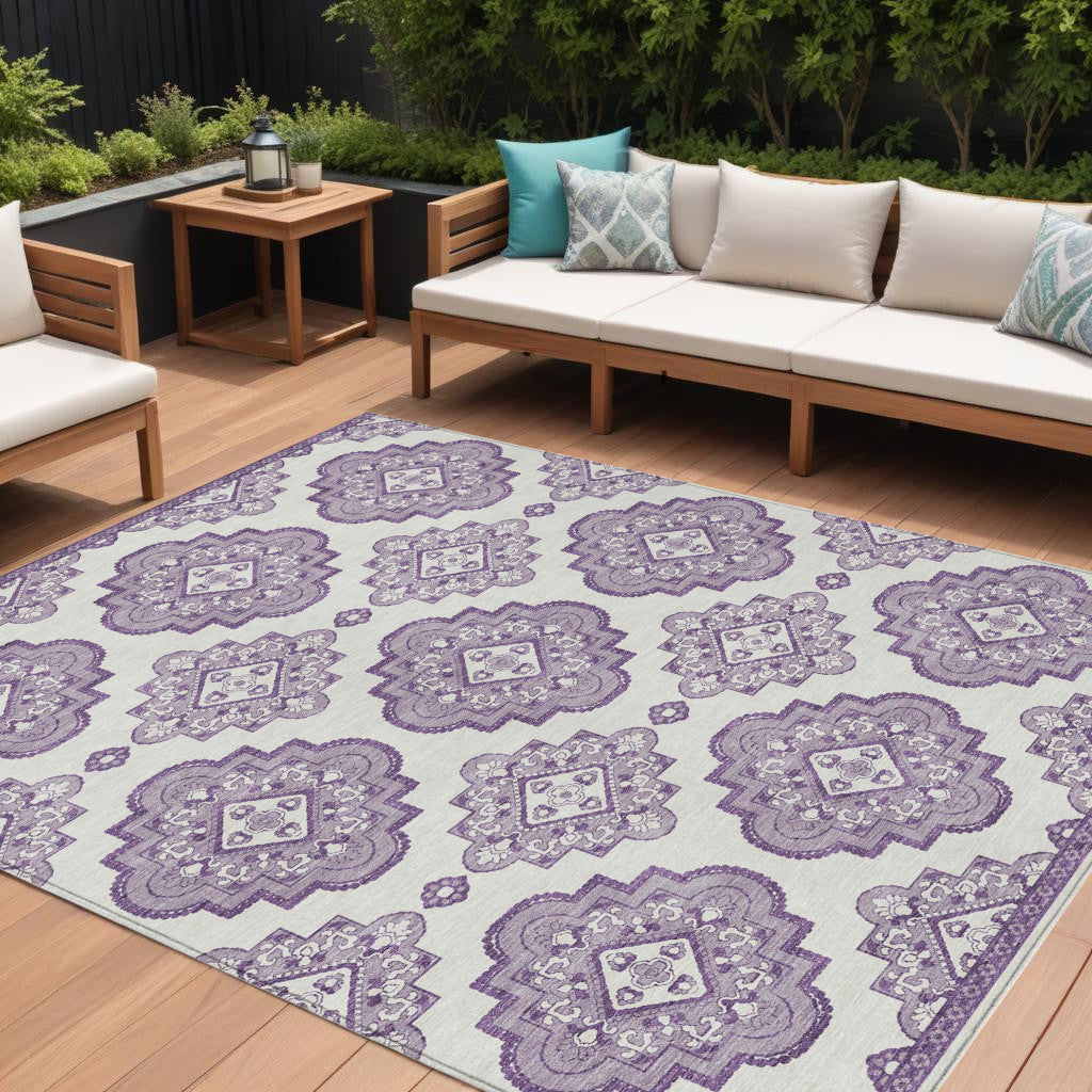 9' X 12' Lavender And Ivory Medallion Washable Indoor Outdoor Area Rug