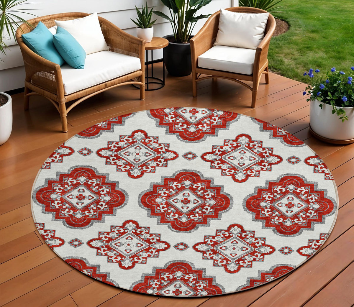 8' Red And Beige Round Medallion Washable Indoor Outdoor Area Rug