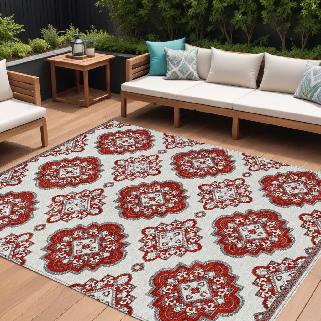 9' X 12' Red And Beige Medallion Washable Indoor Outdoor Area Rug