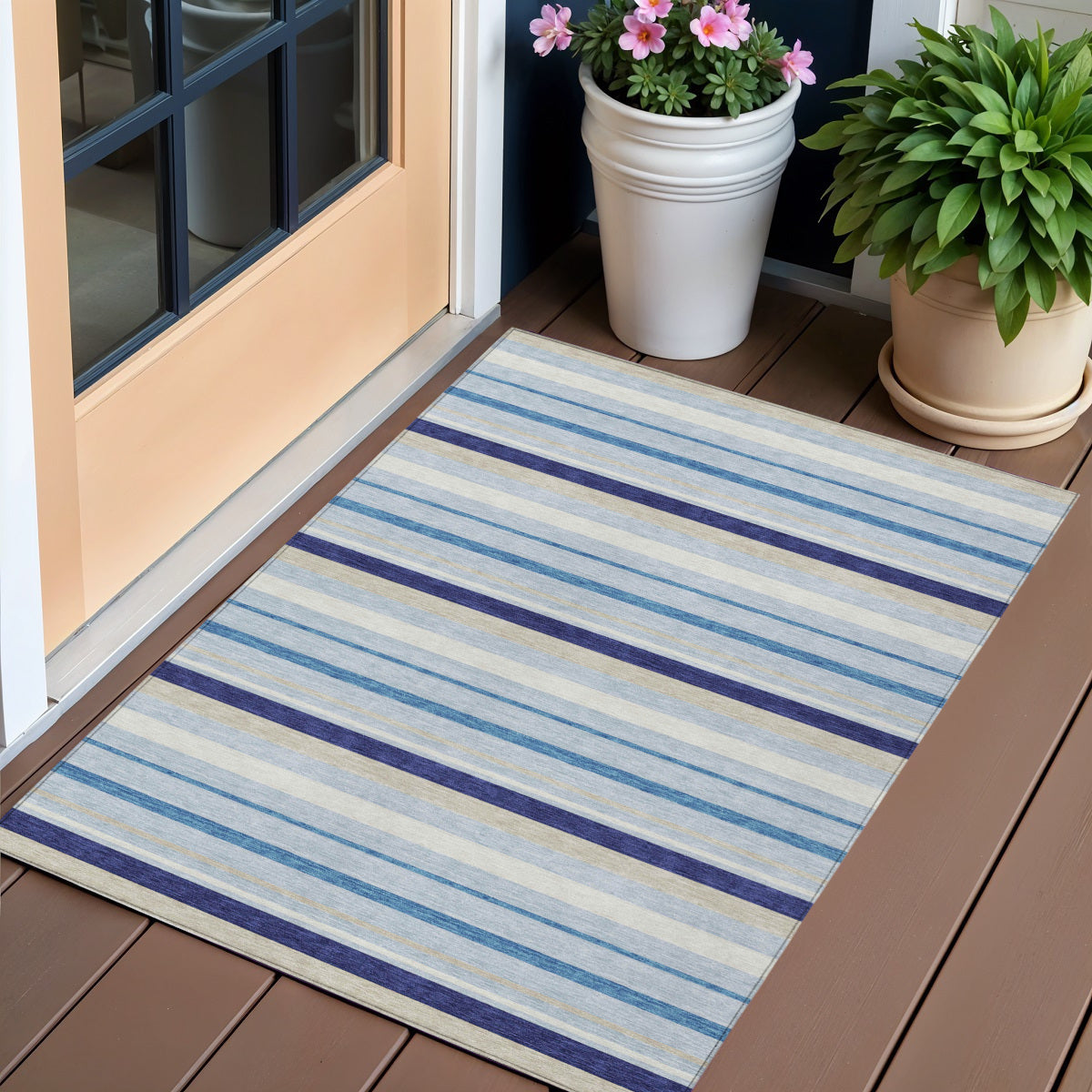 3' X 5' Blue Purple And Gray Striped Washable Indoor Outdoor Area Rug