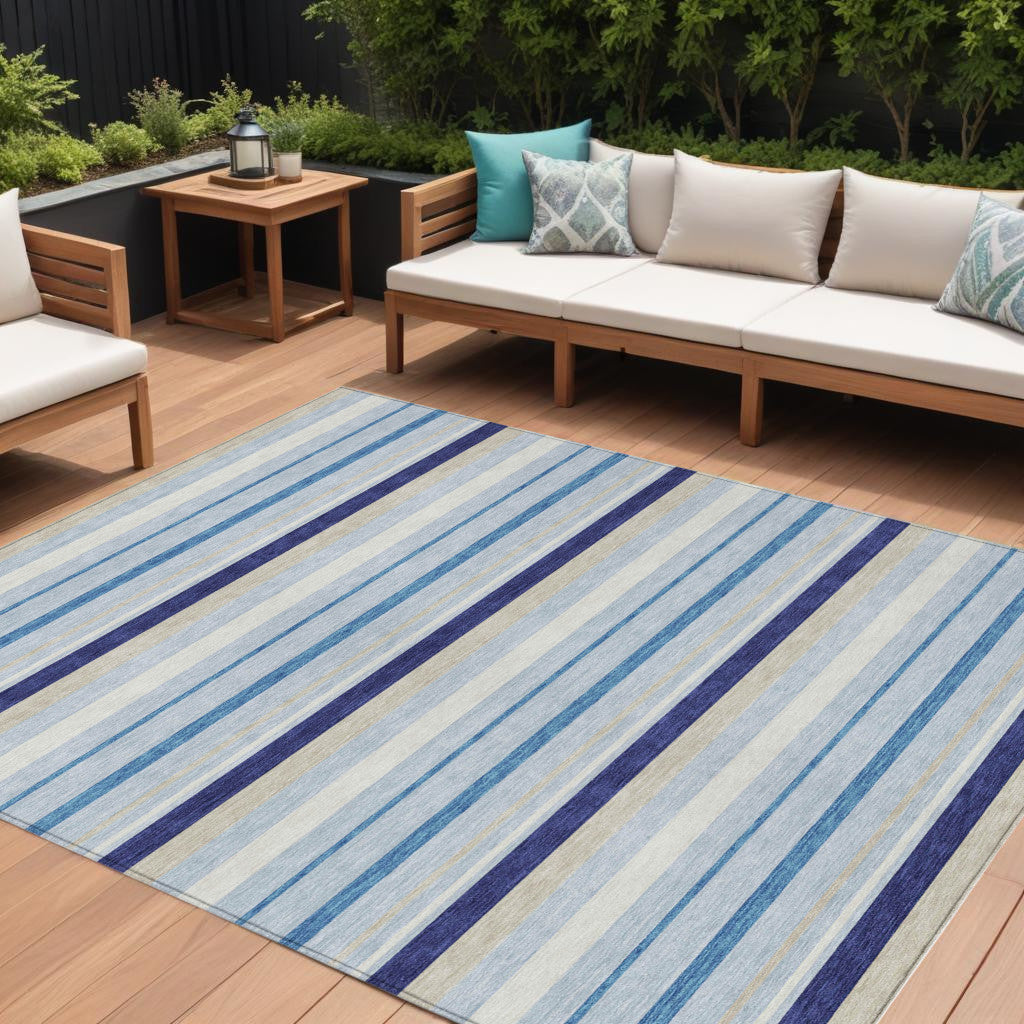 9' X 12' Blue Purple And Gray Striped Washable Indoor Outdoor Area Rug