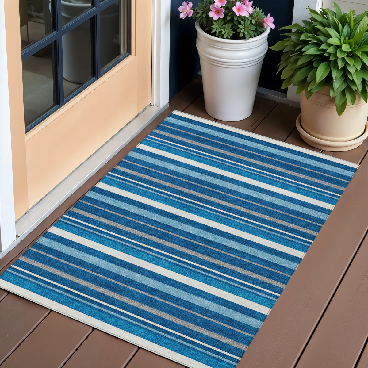 3' X 5' Denim Blue Gray And Ivory Striped Washable Indoor Outdoor Area Rug