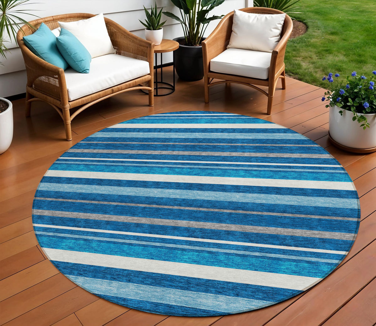 8' Denim Blue Gray And Ivory Round Striped Washable Indoor Outdoor Area Rug
