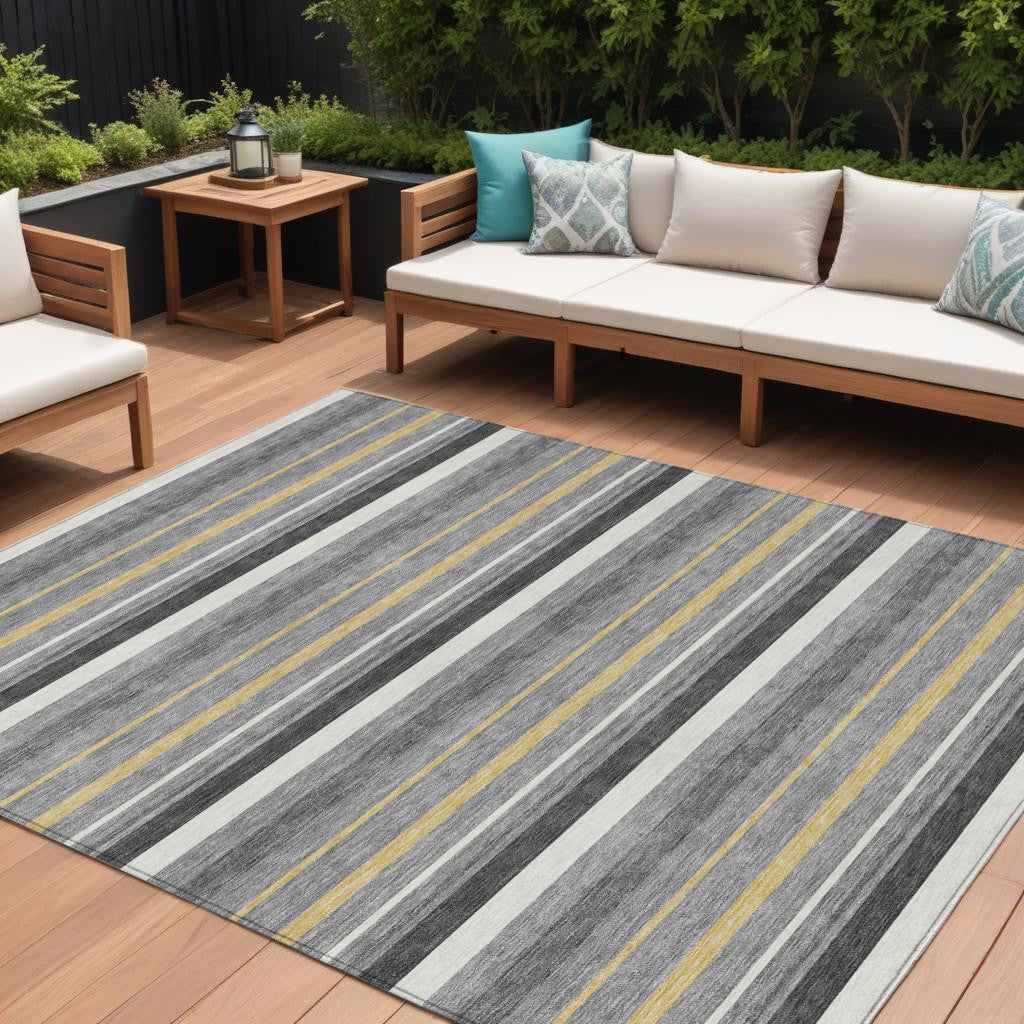 9' X 12' Gray Brown And Ivory Striped Washable Indoor Outdoor Area Rug
