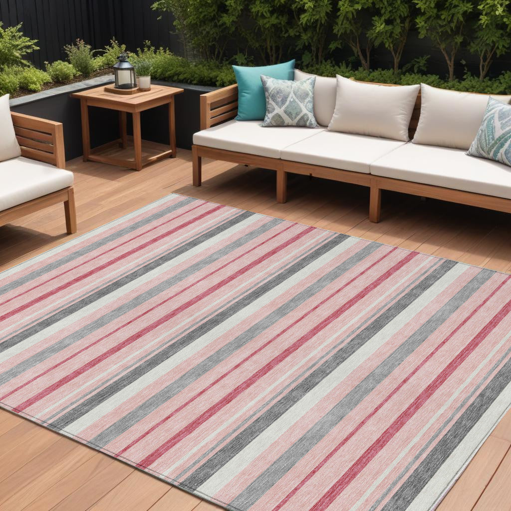 9' X 12' Pink And Gray Striped Washable Indoor Outdoor Area Rug