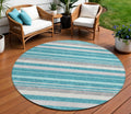 8' Teal Blue Gray And Ivory Round Striped Washable Indoor Outdoor Area Rug