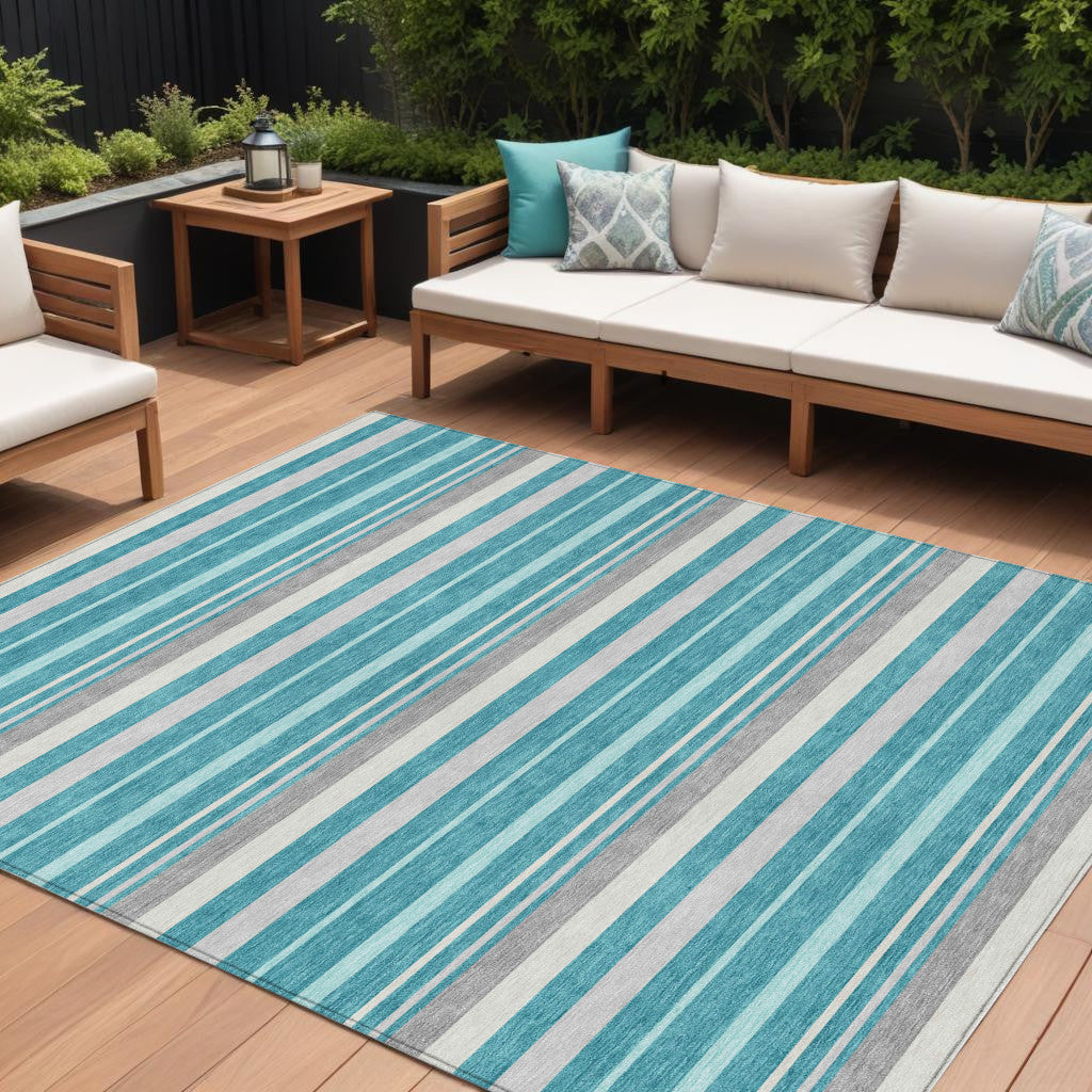 9' X 12' Teal Blue Gray And Ivory Striped Washable Indoor Outdoor Area Rug