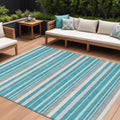 10' X 14' Teal Blue Gray And Ivory Striped Washable Indoor Outdoor Area Rug