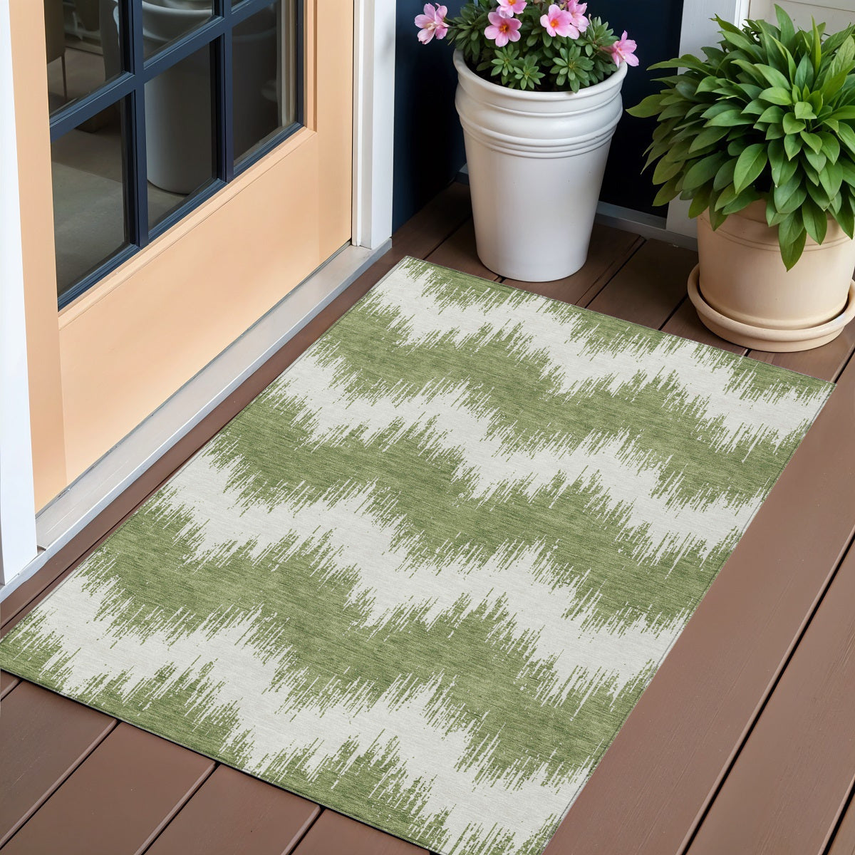3' X 5' Green And Ivory Chevron Washable Indoor Outdoor Area Rug
