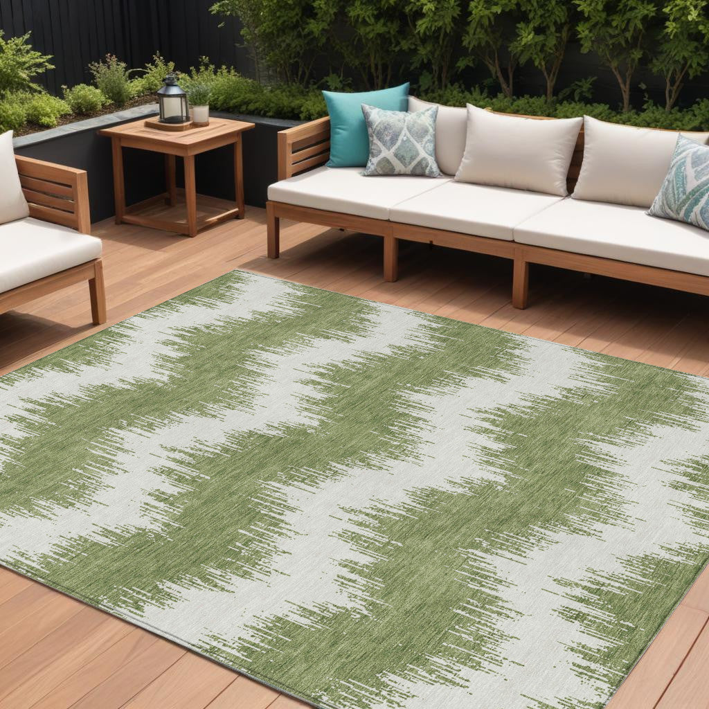 9' X 12' Green And Ivory Chevron Washable Indoor Outdoor Area Rug
