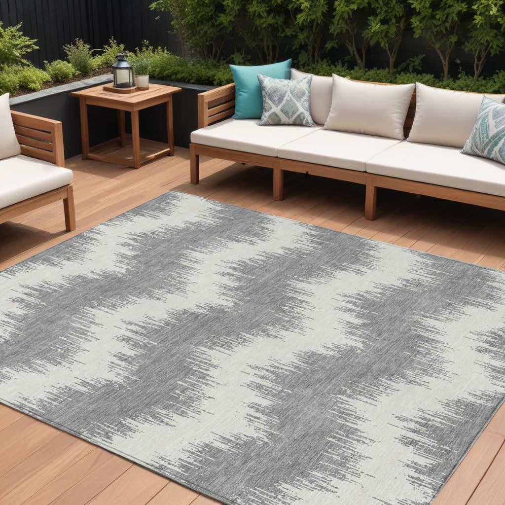 9' X 12' Gray And Ivory Chevron Washable Indoor Outdoor Area Rug