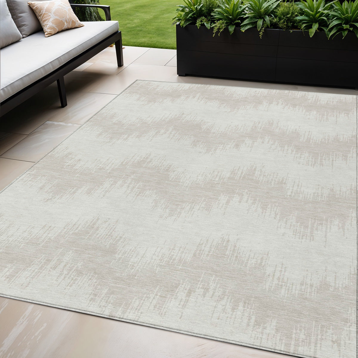 5' X 8' Ivory And Beige Chevron Washable Indoor Outdoor Area Rug