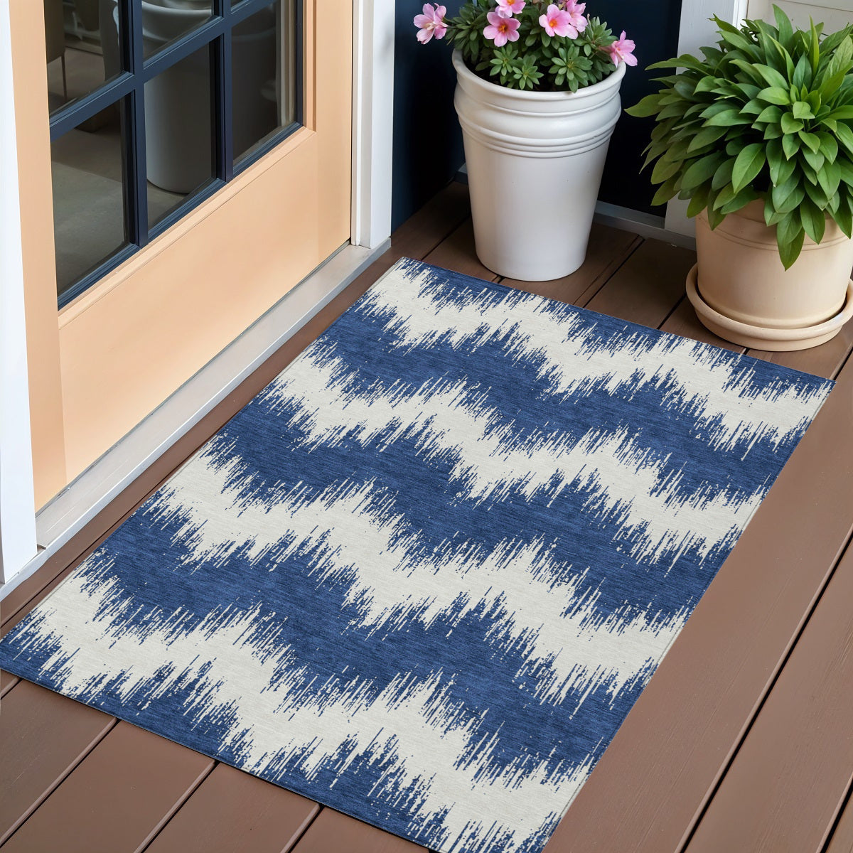 3' X 5' Navy Blue And Ivory Chevron Washable Indoor Outdoor Area Rug