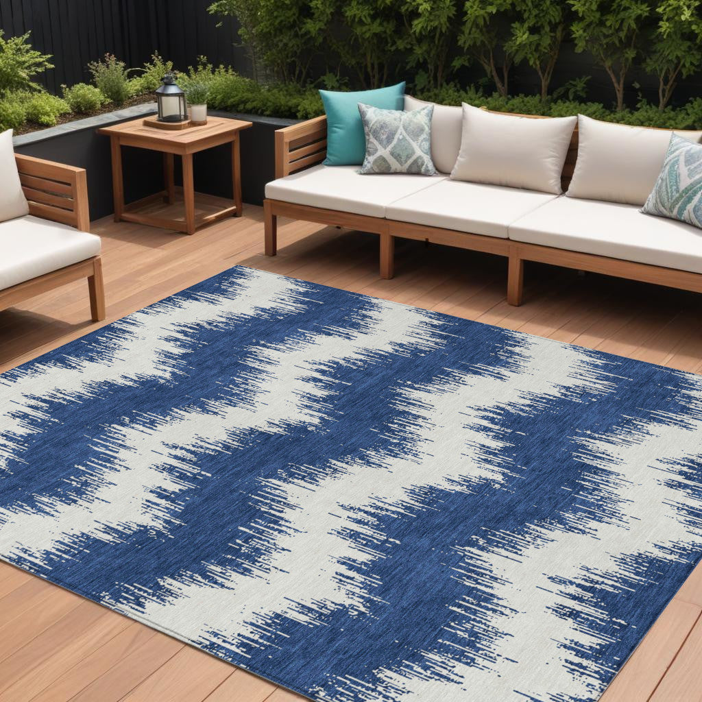 9' X 12' Navy Blue And Ivory Chevron Washable Indoor Outdoor Area Rug