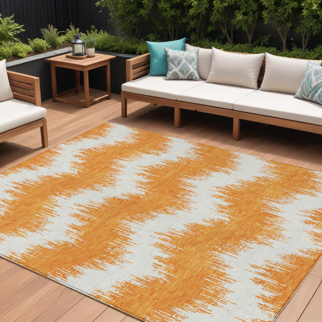 9' X 12' Orange And Ivory Chevron Washable Indoor Outdoor Area Rug