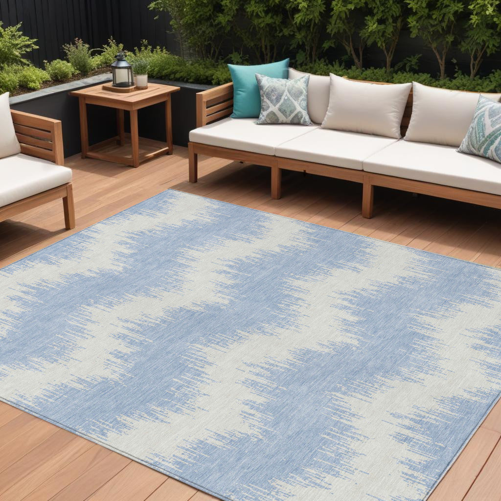 9' X 12' Sky Blue And Ivory Chevron Washable Indoor Outdoor Area Rug