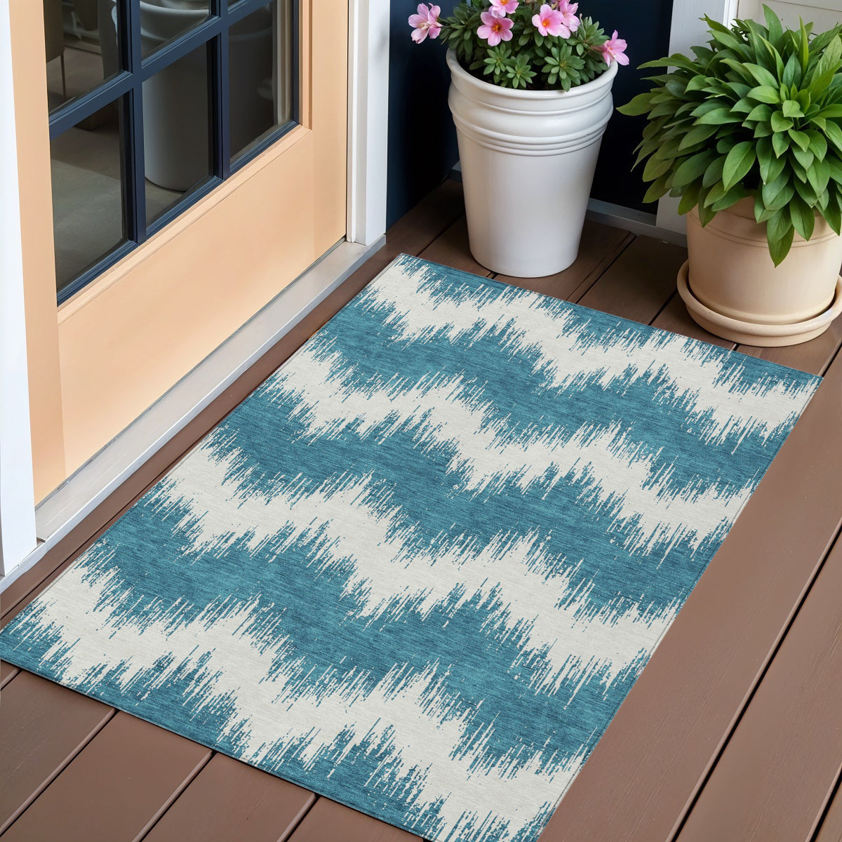 3' X 5' Teal Blue And Ivory Chevron Washable Indoor Outdoor Area Rug