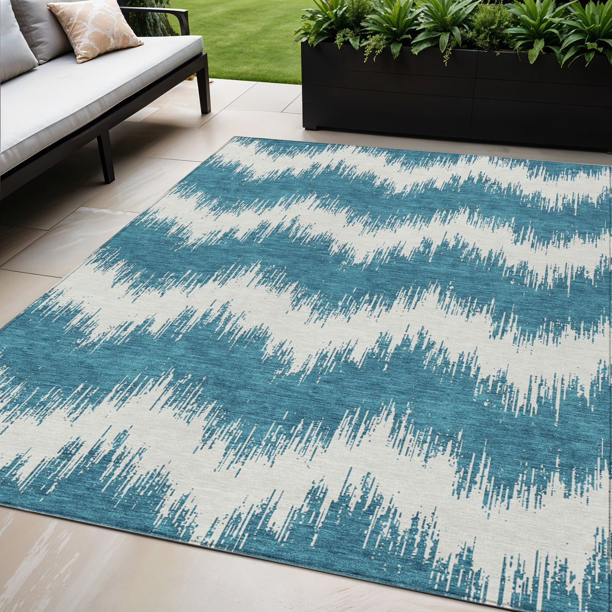 5' X 8' Teal Blue And Ivory Chevron Washable Indoor Outdoor Area Rug