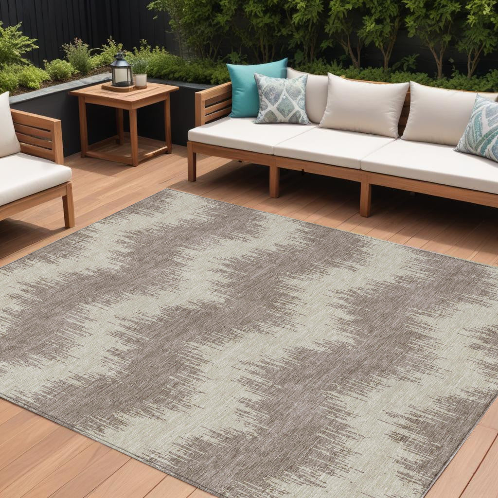 9' X 12' Taupe And Ivory Chevron Washable Indoor Outdoor Area Rug