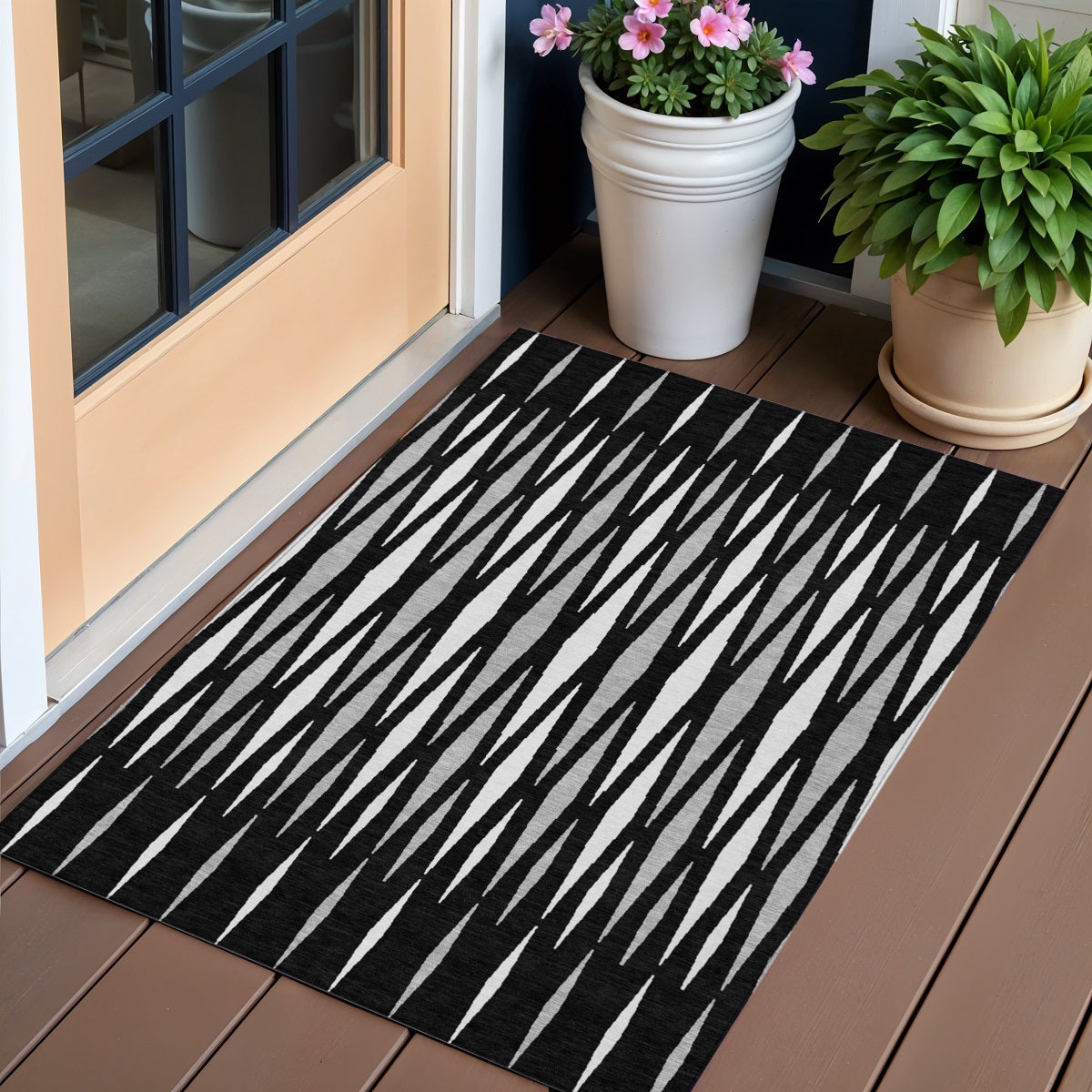 3' X 5' Black Ivory And Gray Geometric Washable Indoor Outdoor Area Rug