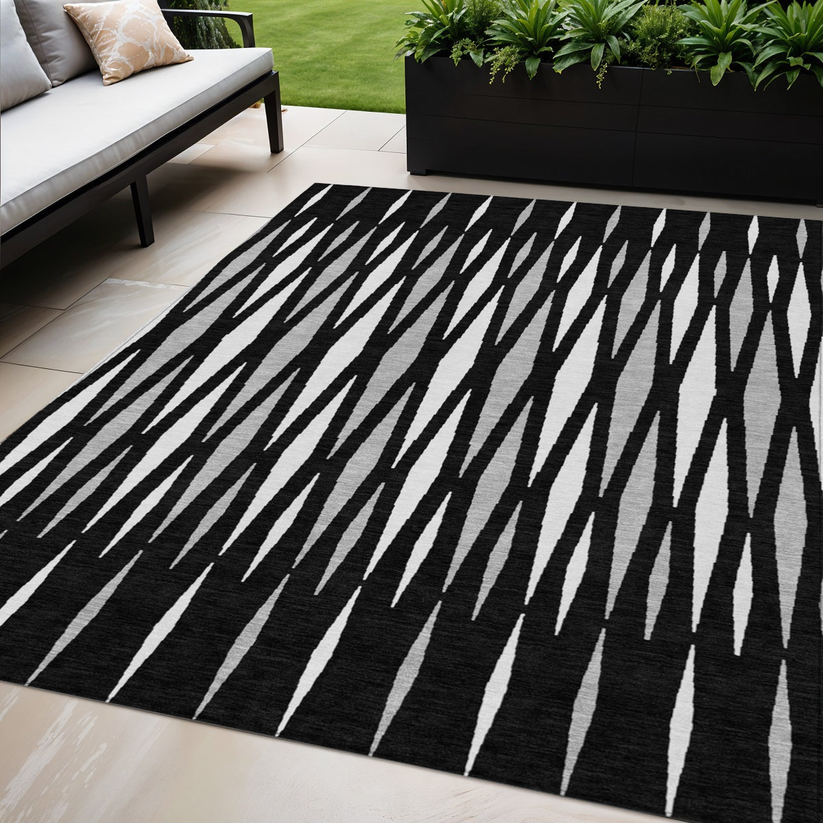 5' X 8' Black Ivory And Gray Geometric Washable Indoor Outdoor Area Rug