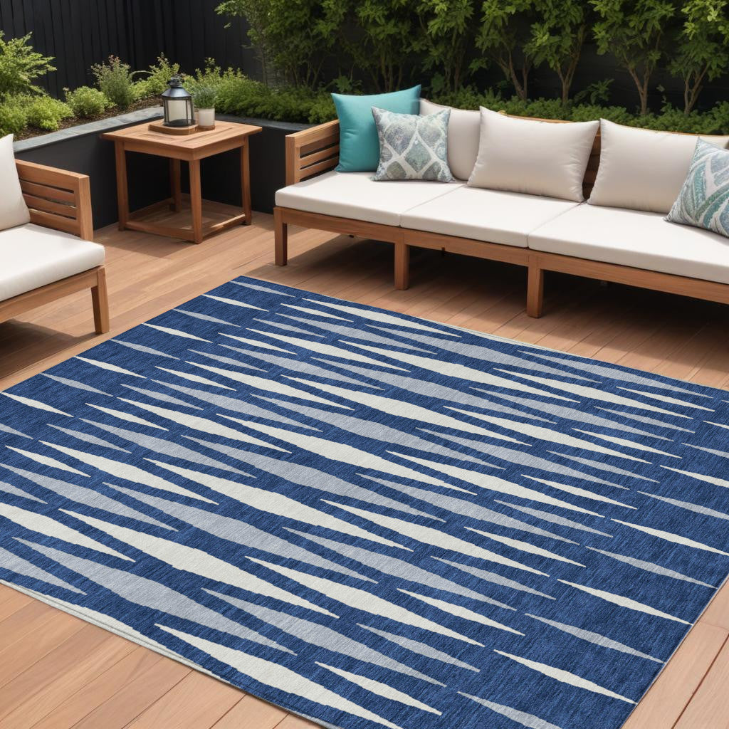 9' X 12' Navy Blue Gray And Ivory Geometric Washable Indoor Outdoor Area Rug