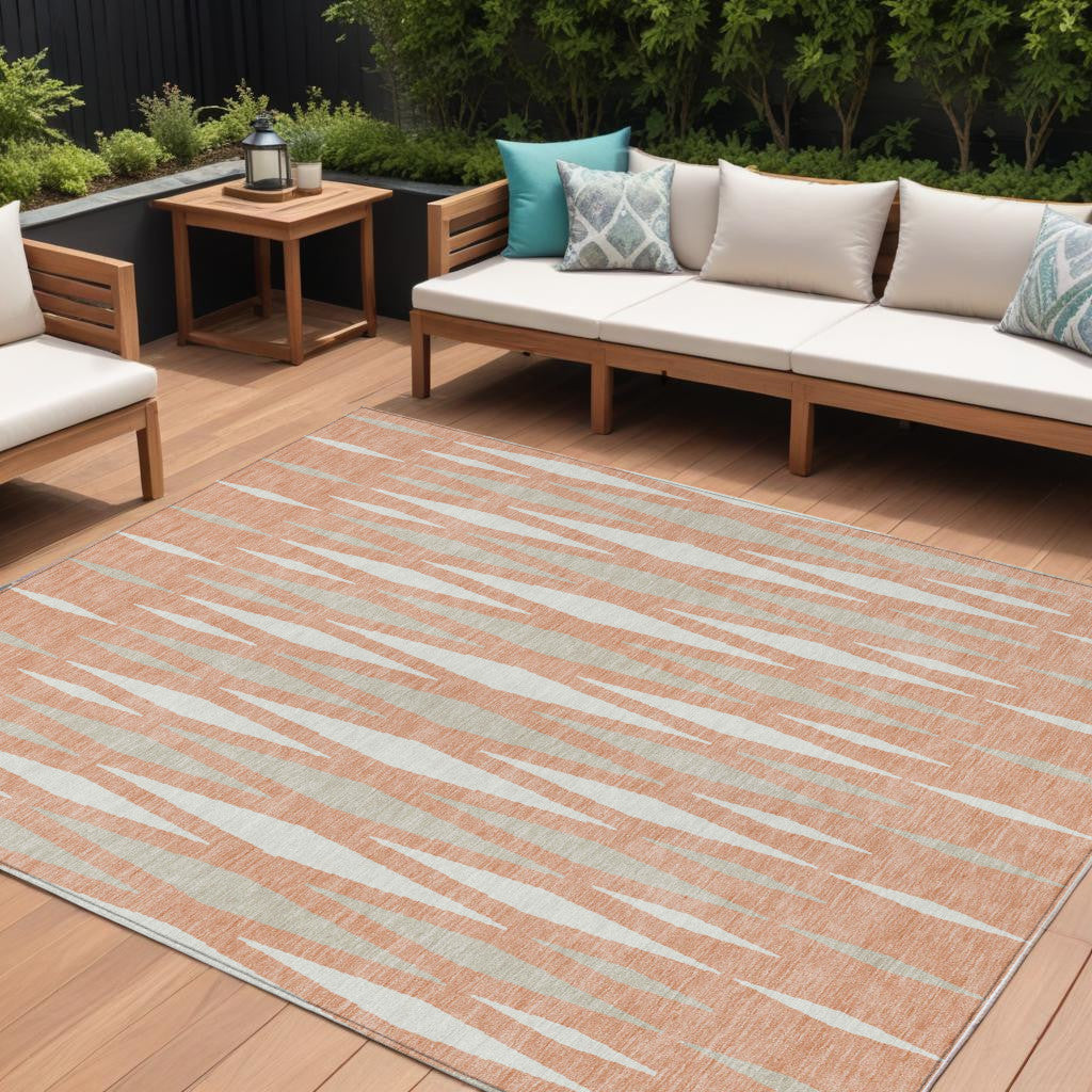 9' X 12' Salmon Gray And Ivory Geometric Washable Indoor Outdoor Area Rug