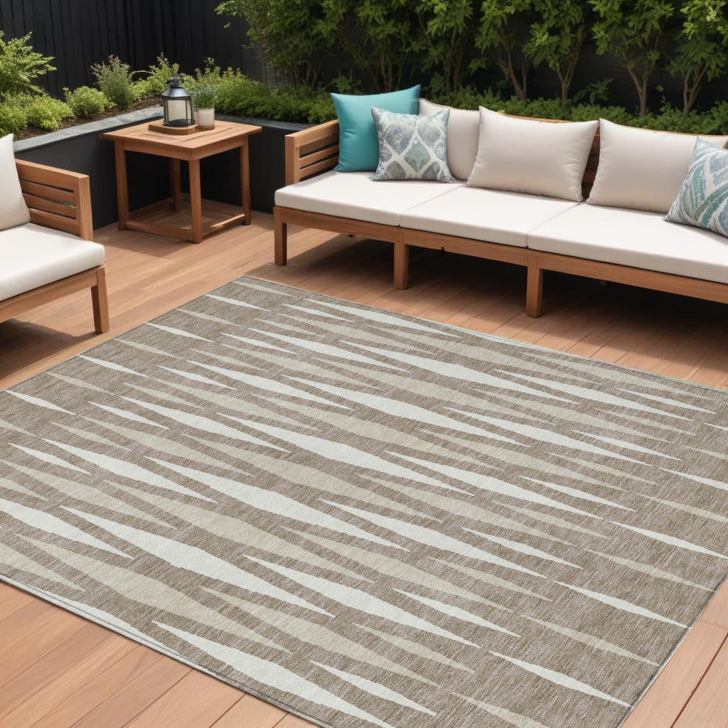 10' X 14' Taupe Beige And Ivory Geometric Washable Indoor Outdoor Area Rug
