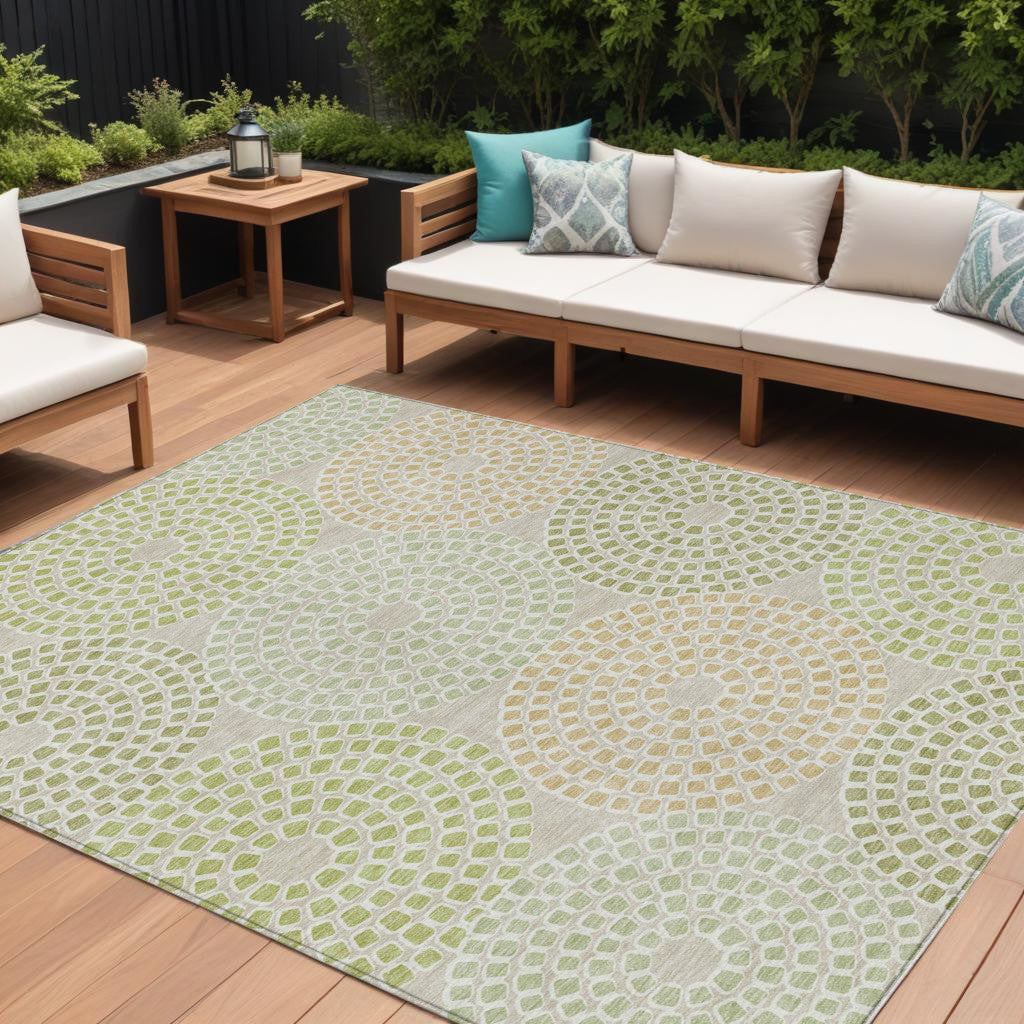 10' X 14' Artichoke Green And Brown Geometric Washable Indoor Outdoor Area Rug