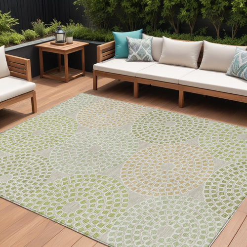 10' X 14' Artichoke Green And Brown Geometric Washable Indoor Outdoor Area Rug
