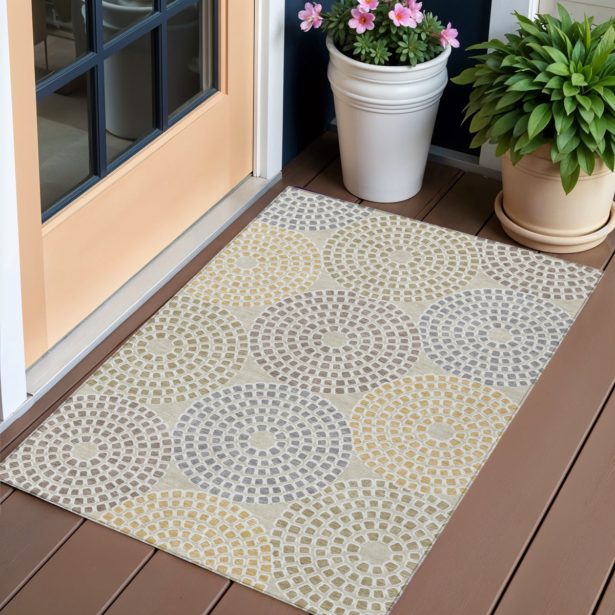 3' X 5' Beige Brown And Gray Geometric Washable Indoor Outdoor Area Rug