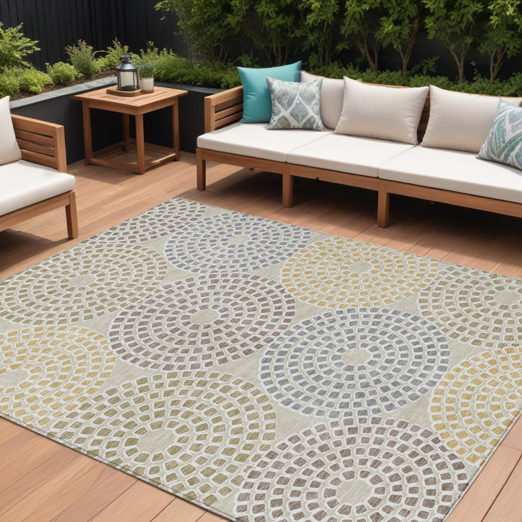 10' X 14' Beige Brown And Gray Geometric Washable Indoor Outdoor Area Rug