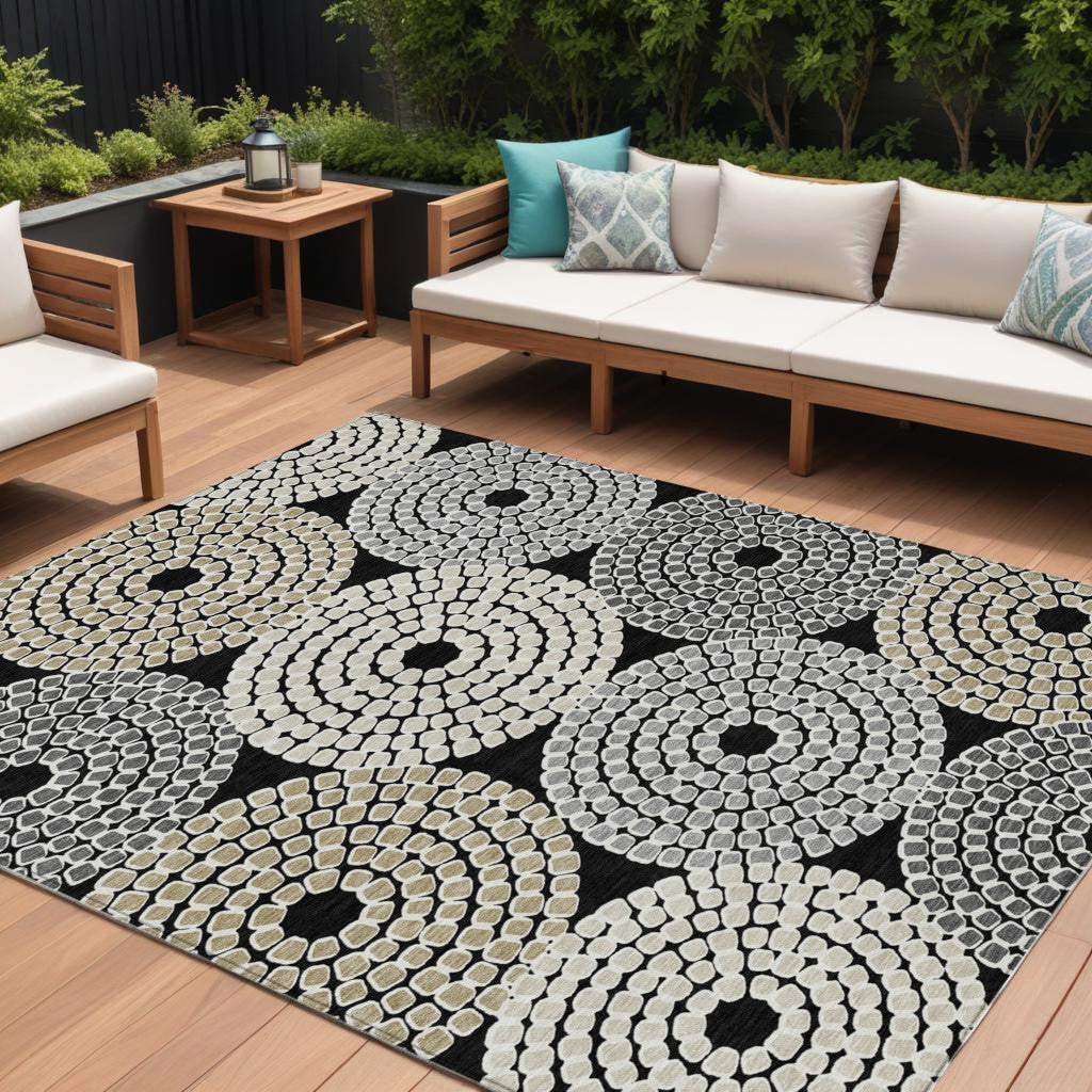 10' X 14' Black Gray And Beige Geometric Washable Indoor Outdoor Area Rug