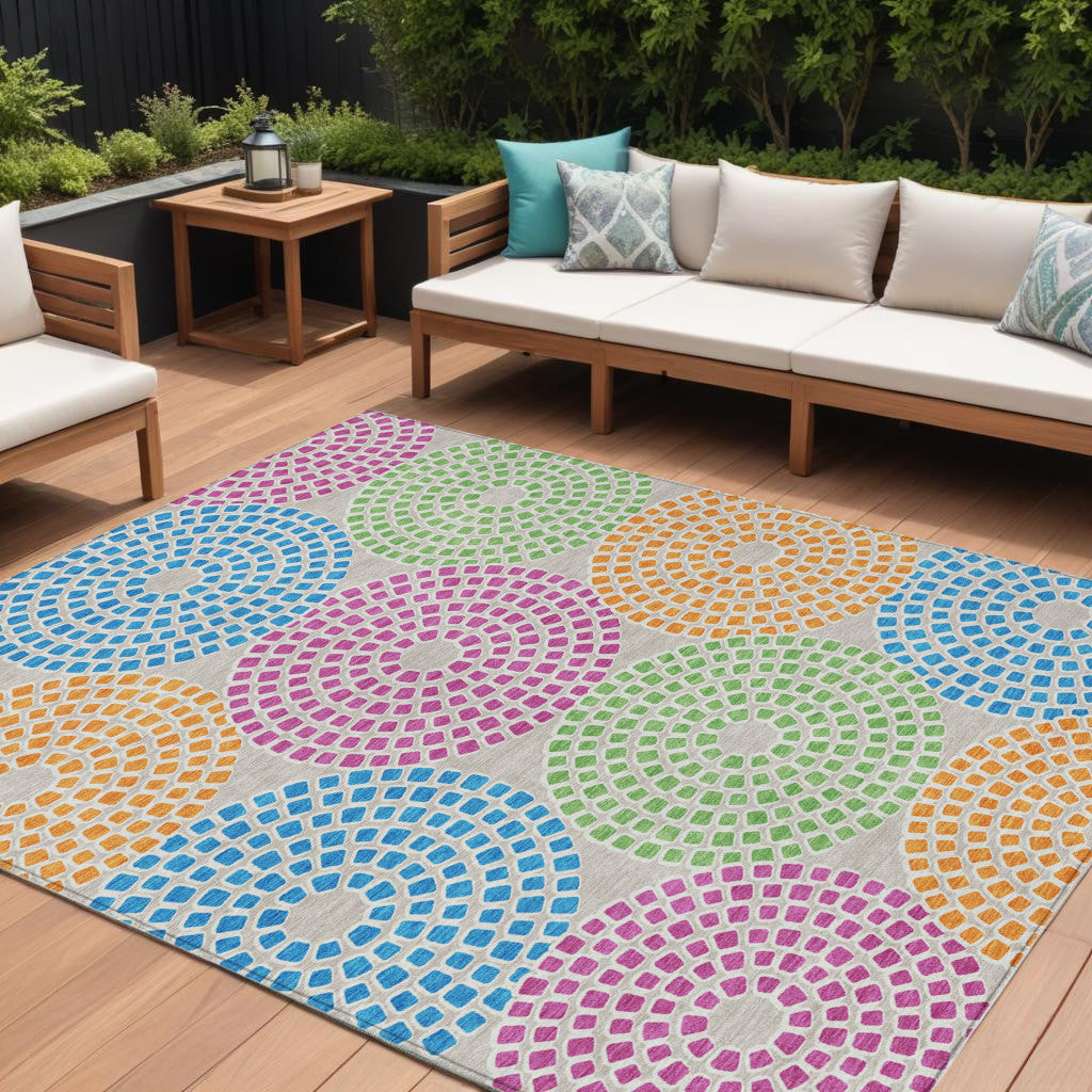10' X 14' Purple Green And Aqua Geometric Washable Indoor Outdoor Area Rug