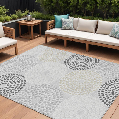 10' X 14' Gray And Taupe Geometric Washable Indoor Outdoor Area Rug