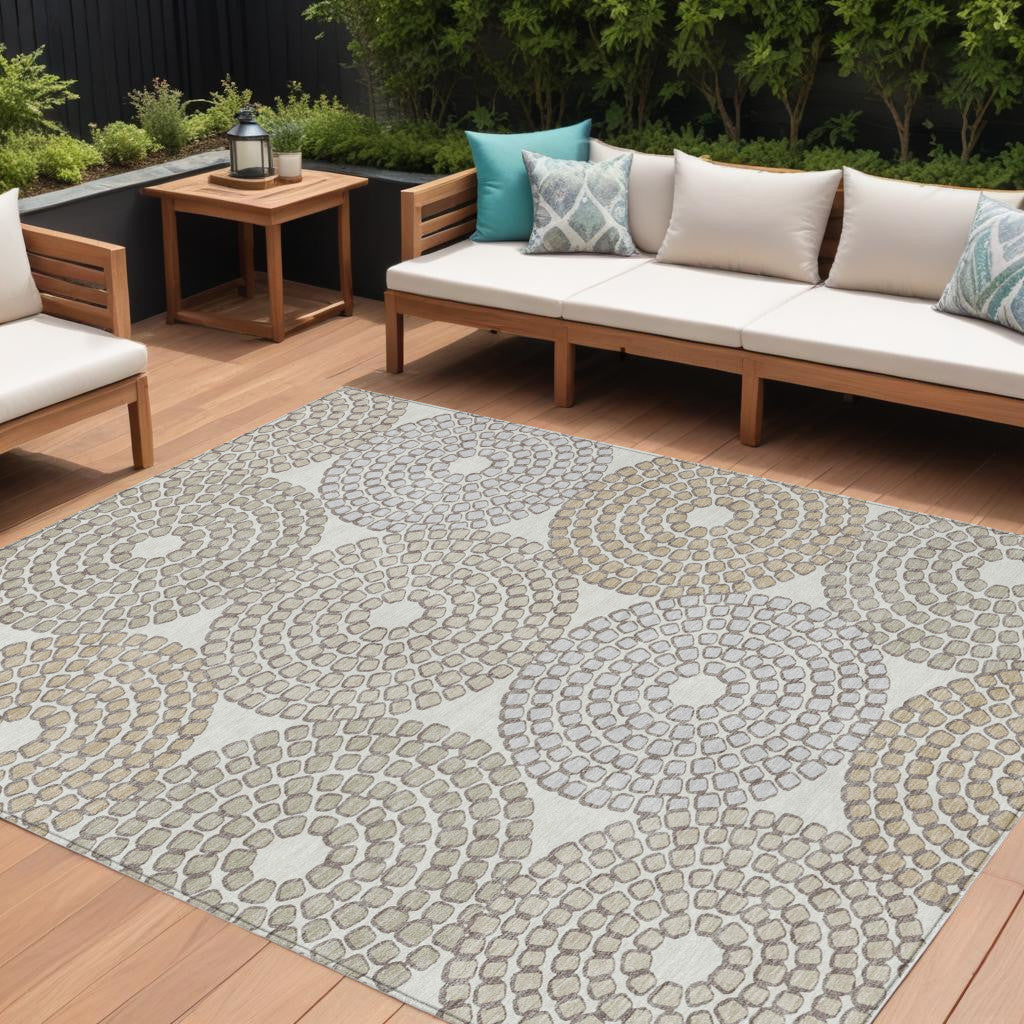 9' X 12' Ivory Brown And Gray Geometric Washable Indoor Outdoor Area Rug