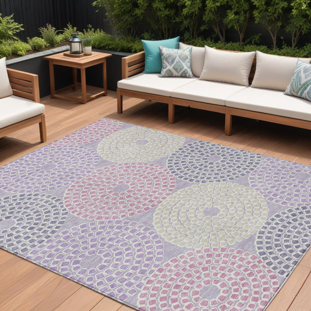 9' X 12' Lavender Purple And Gray Geometric Washable Indoor Outdoor Area Rug