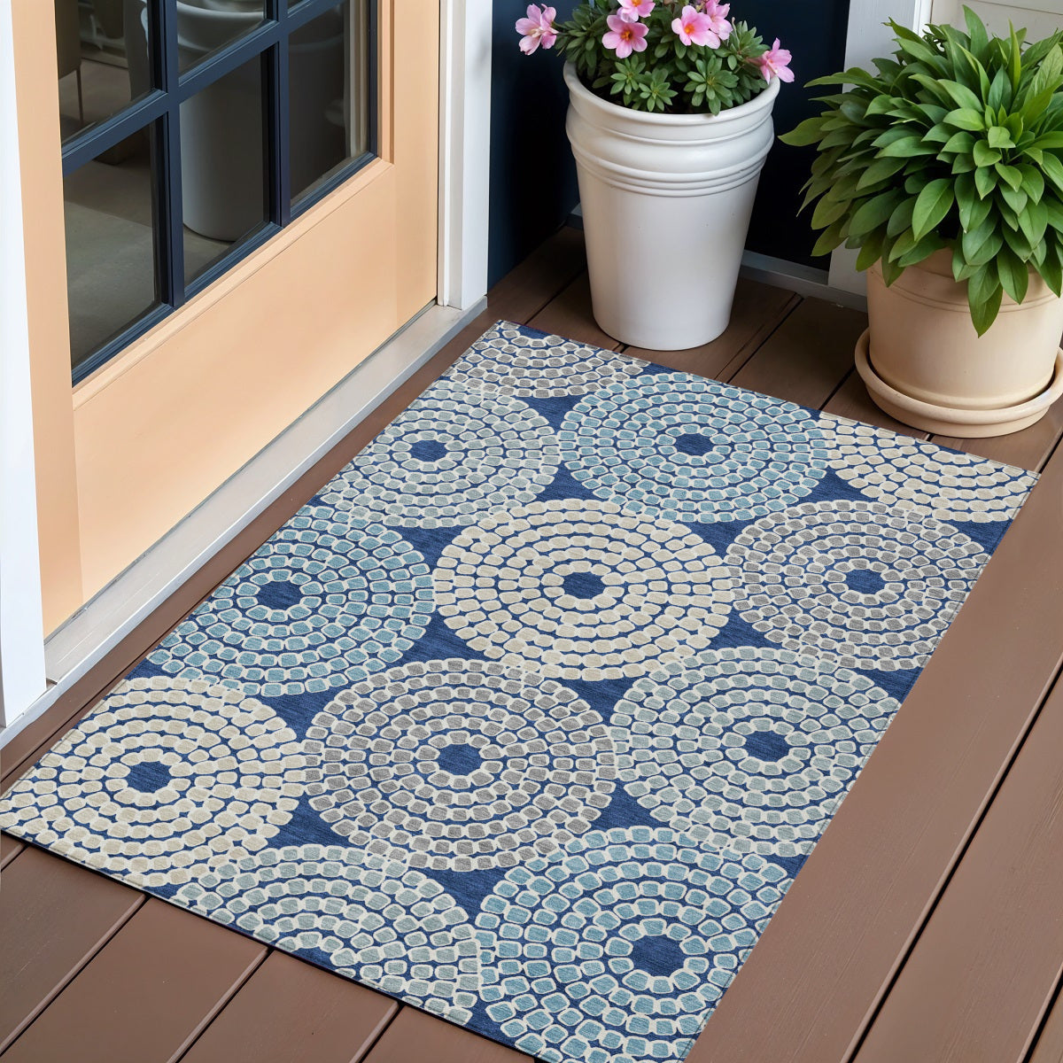 3' X 5' Navy Blue Gray And Aqua Geometric Washable Indoor Outdoor Area Rug